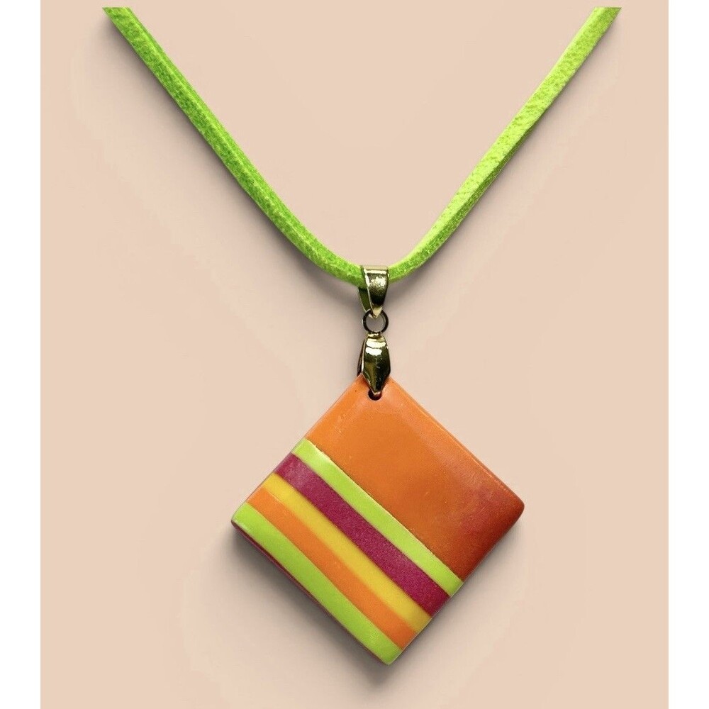 Handmade Rainbow Striped Round Polymer Clay Large Pendant Necklace on Cord SS
